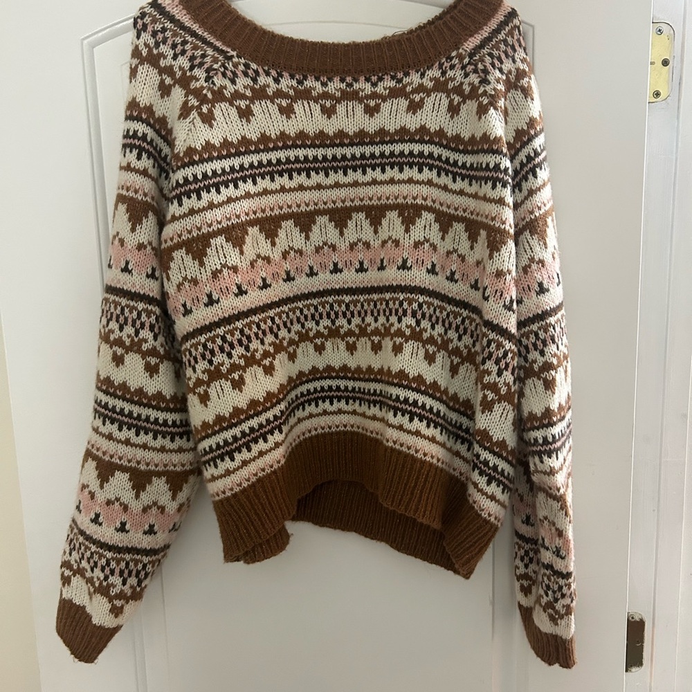 SO Fair Isle Knit Sweater - Cream, Brown, and Pink